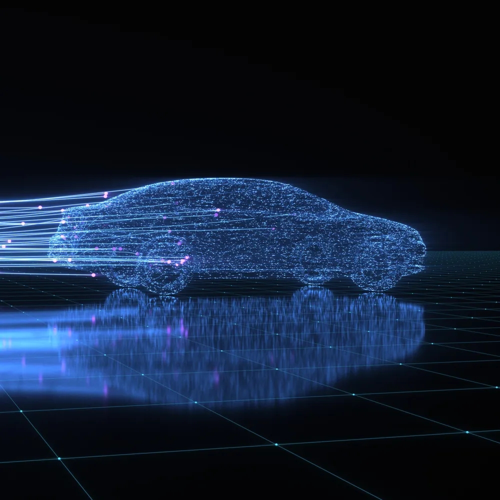 Alt Text: A digital wireframe of a car is shown in a futuristic, grid-like environment with glowing data streams flowing around it. The image symbolizes autonomous driving, digital simulations, or vehicle aerodynamics modeling using artificial intelligence.