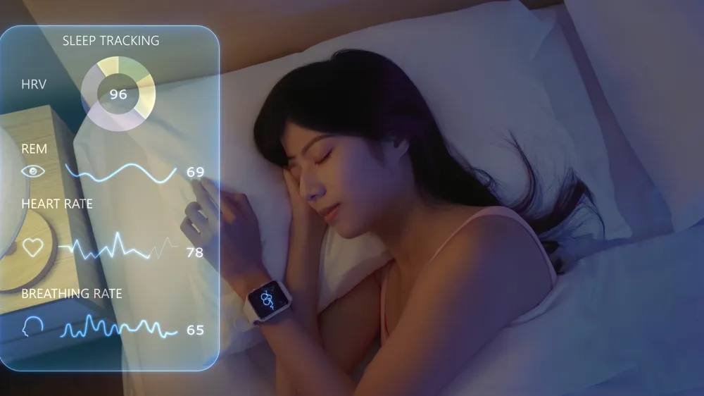 ALT Text:  woman wear smartwatch for sleeping tracking on arm IoT tech collect data app device relax body on cozy bed in future life at home