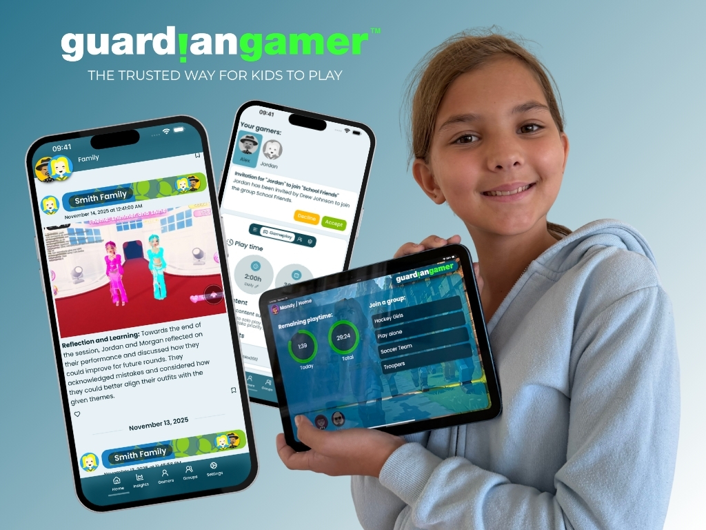 ALT Text: A smiling child holds a tablet displaying the GuardianGamer app, with additional smartphone screens showing family gaming activity, playtime tracking, and parental controls.