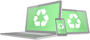 Laptop computer, tablet, and smartphone displaying the recycling symbol