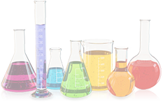Different colored chemicals in test tubes, beakers, and bottles